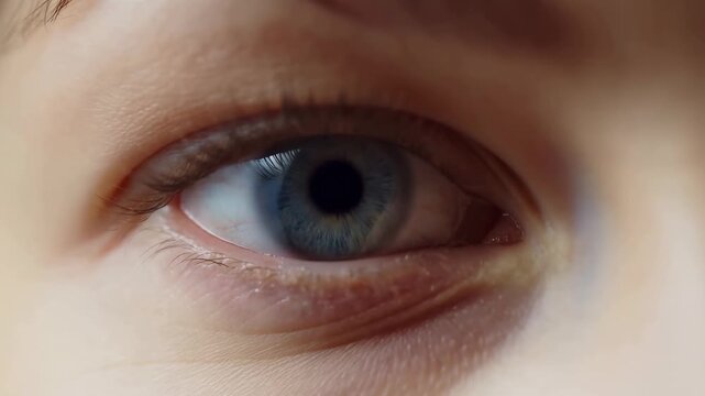 Extreme close-up of a blue-gray human eye gazing toward the camera in a macro facial view. Ophthalmology advertising, optometry clinic promotion, and eye examination education.