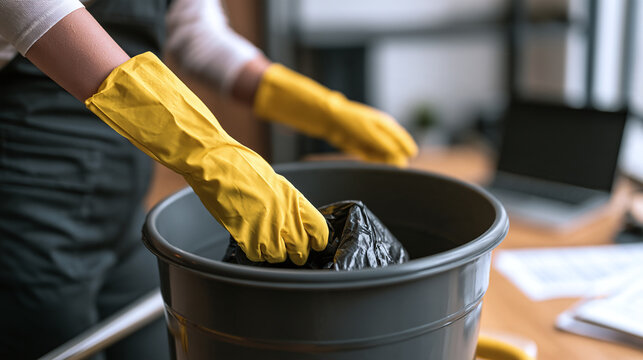 Person in yellow rubber gloves throw trash bag in grey office bin
