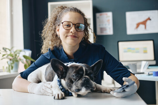 Portrait of young adult Caucasian female veterinarian holding smartphone beside French bulldog on examination table. Useful for veterinary clinic promo, pet care app marketing