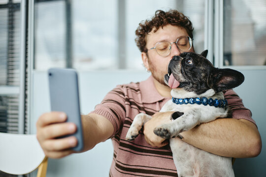 Young adult Caucasian man holding French bulldog while taking selfie with smartphone in office. Pet friendly workplace concept useful for corporate culture marketing