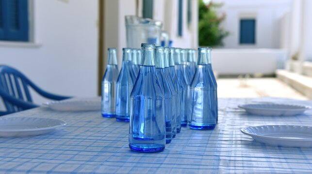 anise. Mediterranean terrace set for anise drink gathering, white and blue decor. bar promotions, beverage menus, designed for food & beverage menus and cafe branding, enhances appetite appeal.