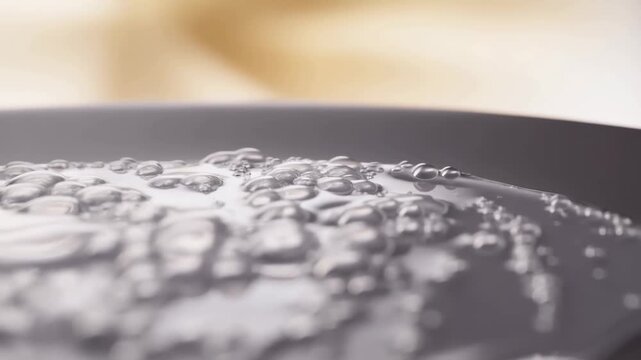 Bubbling liquid spreads across a dark smooth surface in macro close-up. Science education, chemistry presentations, and laboratory research promotion.