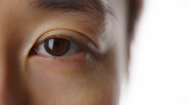 Human eye blinking in extreme close-up against a bright white studio background. Eye care advertising, optometry services, and ophthalmology education.