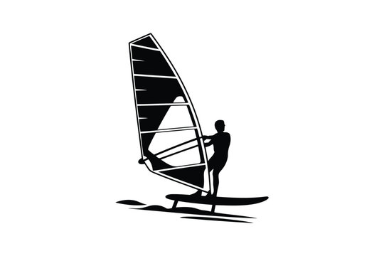 Silhouette windsurfer on water with sail and board for extreme sports and ocean recreation.