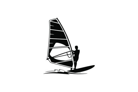 Silhouette windsurfer on water with sail and board for extreme sports and ocean recreation.