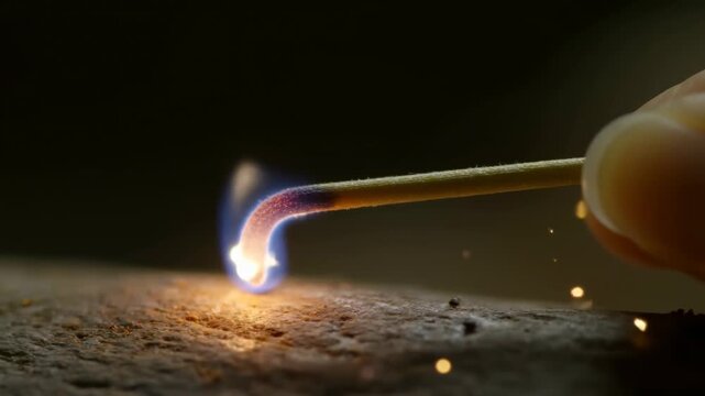 Hand striking a wooden match on a rough surface in a dark close-up setting. Fire safety campaigns, emergency preparedness videos, and survival and camping content.