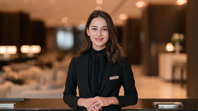 Professional young woman receptionist smile in luxury hotel lobby interior
