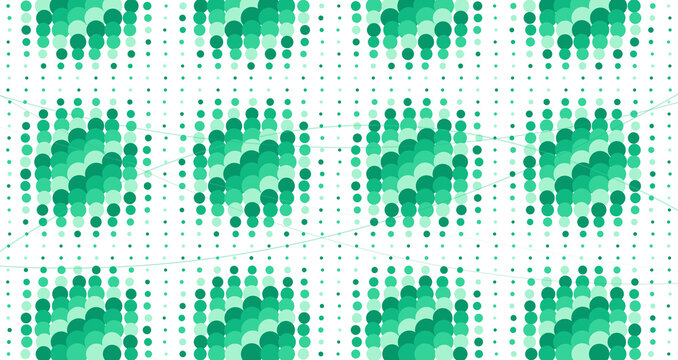 Abstract pattern of green dots arranged in grid blocks with thin intersecting lines on a black background, for digital technology