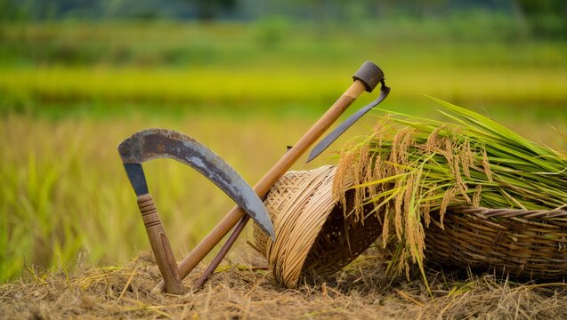 Harvest Tools and Rice in a Paddy Field