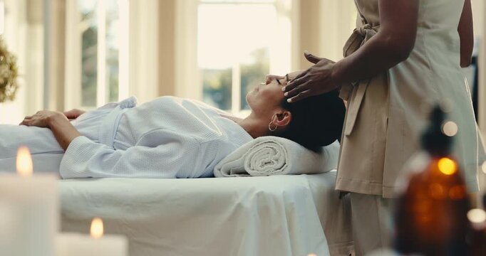 Spa, temple and woman with facial, massage and relax for stress relief, holistic healing and zen. Hospitality, resort and masseuse with person for treatment, self care and therapy for circulation