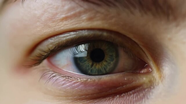 Extreme close-up of a green human eye opening and subtly blinking in a frontal macro view. Optometry advertising, ophthalmology education, and eye care campaigns.