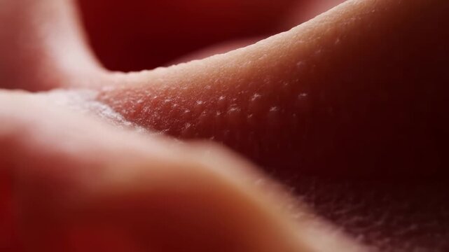 Human fingers press textured skin in an extreme macro close-up. Dermatology education, skincare advertising, and cosmetics campaigns.