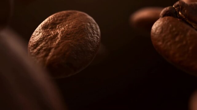 Roasted coffee beans float and gently rotate in warm amber light within a dark studio setting. Coffee brand advertising, coffee packaging design, and roastery promotion.