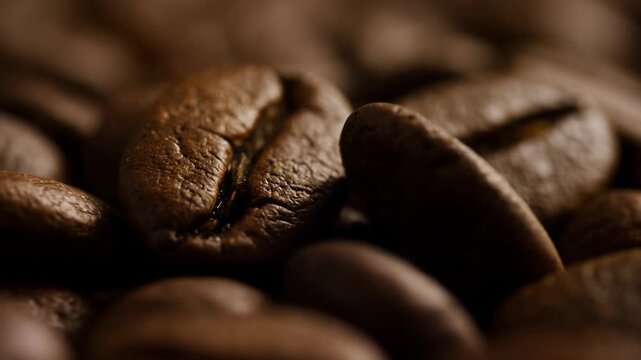 Roasted coffee beans fill a tabletop in an extreme macro view with selective focus and warm brown tones. Coffee product advertising, cafe branding, and beverage packaging.
