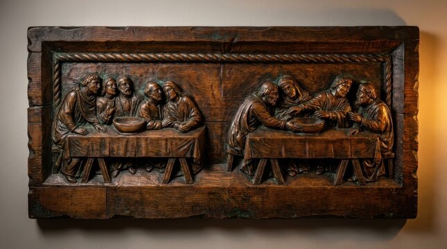 Wooden Last Supper Relief Carving in Warm Rustic Light