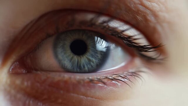 Extreme close-up of a blue-gray human eye gazing with detailed iris, pupil, eyelashes, and catchlight. Eye care advertising, optometry services, and ophthalmology education.