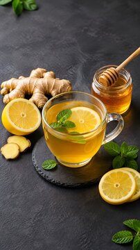 Healthy ginger tea with lemon and honey, warm herbal beverage for wellness, natural immunity boosting drink on dark stone background