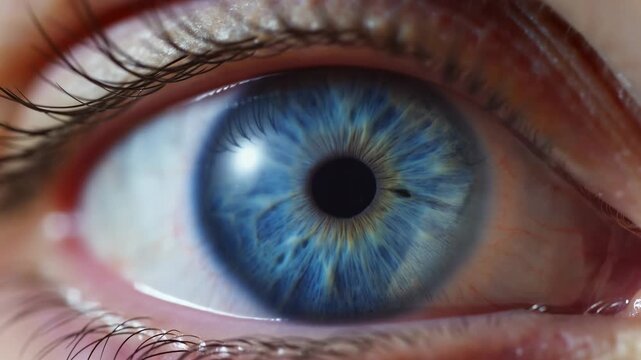 Blue human eye opening in extreme close-up with detailed iris and pupil. Eye care advertising, optometry services, and ophthalmology education.