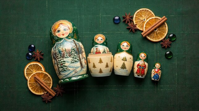 Russian nesting dolls with dried orange and cinnamon