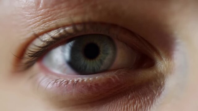 Extreme close-up of a green-gray human eye gazing within detailed eyelids and eyelashes. Eye care advertising, optometry services, and ophthalmology education.