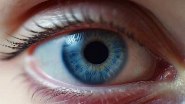 Blue human eye opens and subtly moves in an extreme close-up with detailed iris, pupil, eyelashes. Eye care advertising, optometry services, and ophthalmology education.