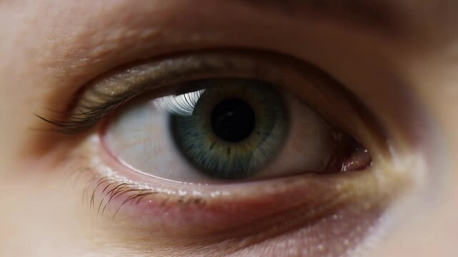 Human eye looking toward camera in extreme close-up with detailed green iris and visible eyelashes. Ophthalmology advertising, optometry services, and eye care campaigns.