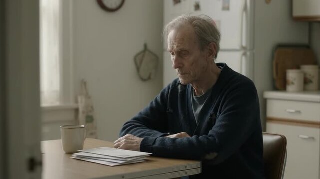 Elderly Man Sitting At Kitchen Table Looking Down At Stack Of Mail