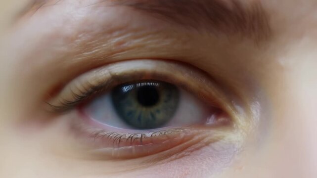 Extreme close-up of a human eye looking toward the camera with detailed iris and pupil reflection. Ophthalmology advertising, optometry clinic promotion, and eye care campaigns.