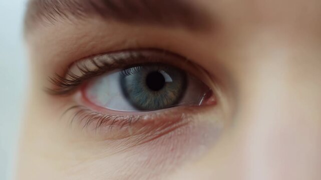 Extreme close-up of a gray-green human eye looking into the camera with detailed iris and eyelashes. Optometry advertising, ophthalmology education, and eye care campaigns.