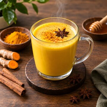 Golden turmeric latte in glass mug, healthy ayurvedic milk with star anise and cinnamon, warm yellow ginger tea on rustic wooden table