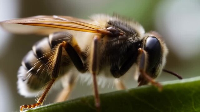 Macro bee crawling along a green leaf in a shallow-focus outdoor habitat. Nature documentaries, science education, and pollination campaigns.