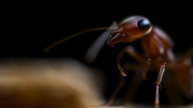 Brown ant crawling across a dark surface in an extreme macro close-up. Entomology education, biology documentaries, and insect behavior research.