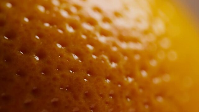Extreme close-up of fresh orange citrus peel reveals a dimpled. Food advertising, juice promotion, and nutrition education.
