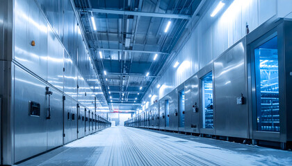 Obraz premium Modern futuristic data center corridor with blue lighting and server racks for cloud computing and technology infrastructure
