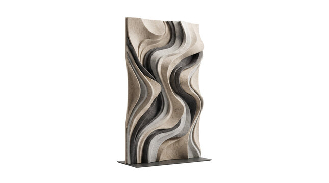 Modern abstract sculpture with flowing wave patterns, contemporary 3D wall art panel, minimalist decorative object with organic curves and neutral tones