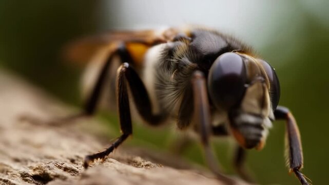 Bee-like insect crawling across a rough natural surface in a macro outdoor close-up. Nature documentaries, pollination education, and ecology presentations.