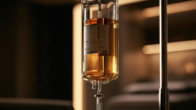 Amber IV drip in a luxury clinic setting with a dark background. Keywords IV drip bag, NAD.