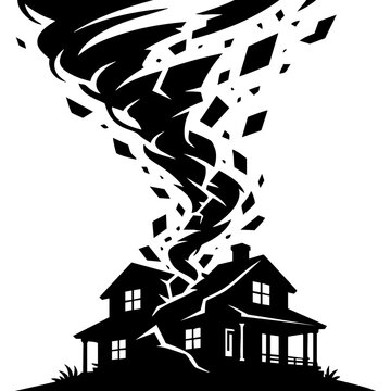 Vector silhouette of a house destroyed or lifted by the wind