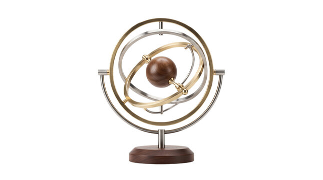 Vintage armillary sphere with brass and silver rings, antique astronomical globe on wooden base, decorative metal orrery sculpture for office desk