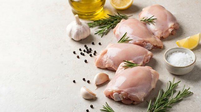 Raw chicken thighs with fresh rosemary garlic and peppercorns on a rustic kitchen table. boneless chicken thigh