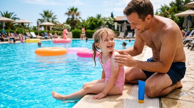 Father applying waterproof sunscreen to daughter at swimming pool family summer safety