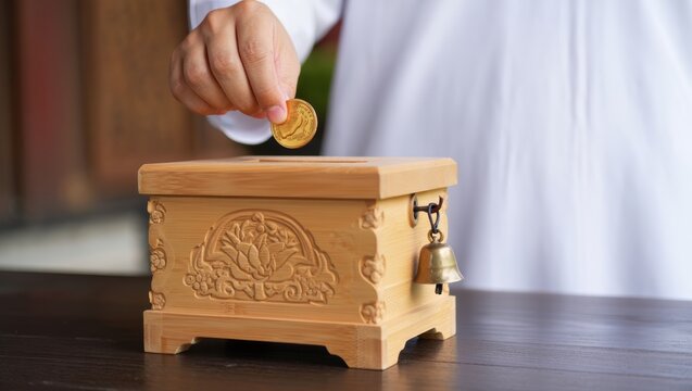Hand Donating Gold Coin to Ornate Wooden Donation Box