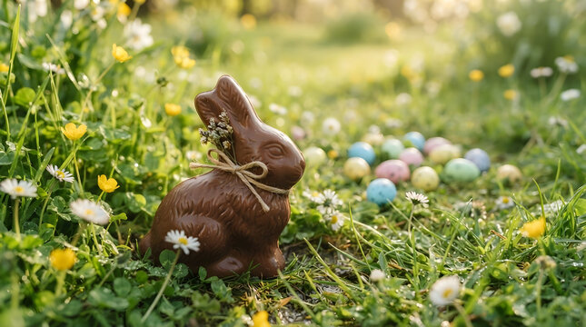 Gourmet chocolate Easter rabbit hidden in spring garden meadow with colorful eggs