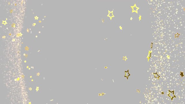 Bright gold stars and shimmering particles border a serene grey