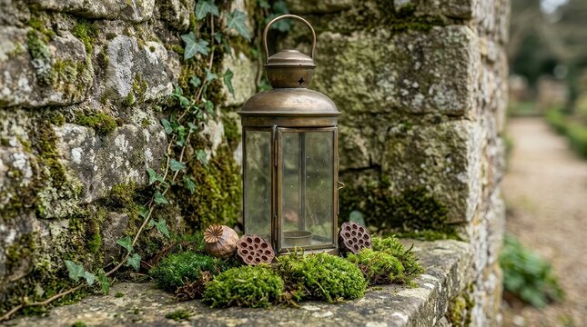 Vintage lantern on stone wall with moss