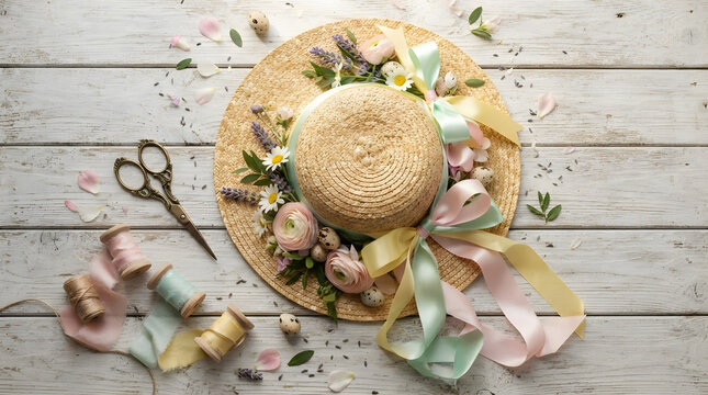 Handcrafted straw Easter bonnet decorated with pastel silk ribbons and spring blossoms on a wooden surface