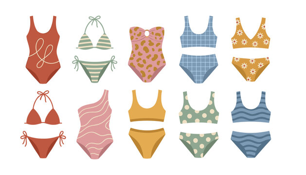Cute summer swimwear collection with colorful womens bikinis and monokinis flat vector illustration element set isolated on white background