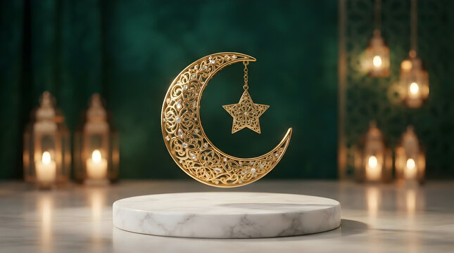 Ornate gold crescent moon with suspended star on marble podium for Ramadan and Eid product display