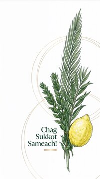 Chag Sukkot Sameach greeting with elegant line art lulav and etrog, symbolic Jewish harvest festival design on white background with copy space