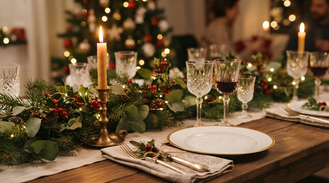 Warm candlelight dinner table set for holiday celebration with festive decorations wine glasses and illuminated christmas tree